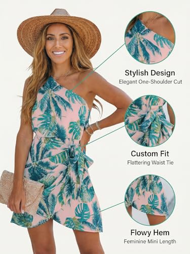 Image of CUPSHE Women's One Shoulder Leaf Print Self-tie Short Dress Sleeveless Tiered Hem Formal Dress Casual Mini Dress