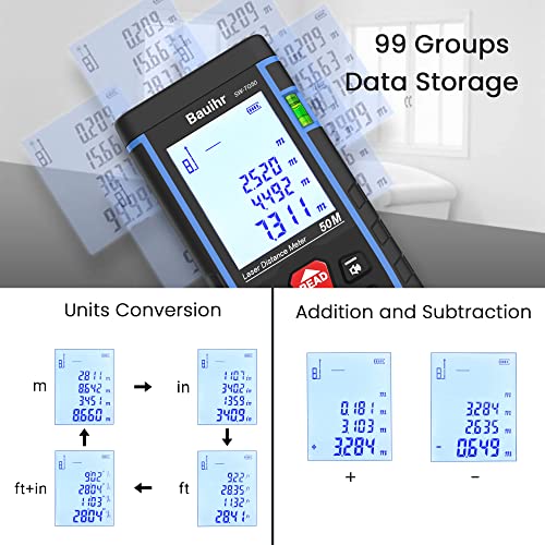 Laser Measure, Bauihr 165Ft Laser Distance Meter, Portable Laser Measurement Tool With 2 Bubble Levels, Large Backlit Lcd Display, Allowing Pythagorean Mode, Measuring Distance/Area/Volume, Ip54 #TOP5