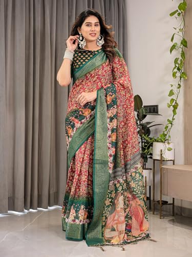 Image of ALMAARI FASHION Handloom Cotton Saree, Multicolour Floral Print with Silver Zari Border, 5.5 Metres with Blouse Piece