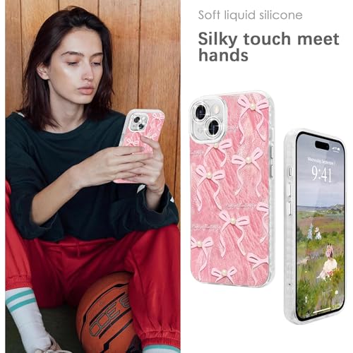 Image of VONZEE Compatible with iPhone 15 6.1'' Case Luxury Pink Girly Cute 3D Bow Pearl Glitter Bling Case with Full Camera Protection Shockproof Case PC+TPU Glossy Shiny Cover for Girls Women, Pink