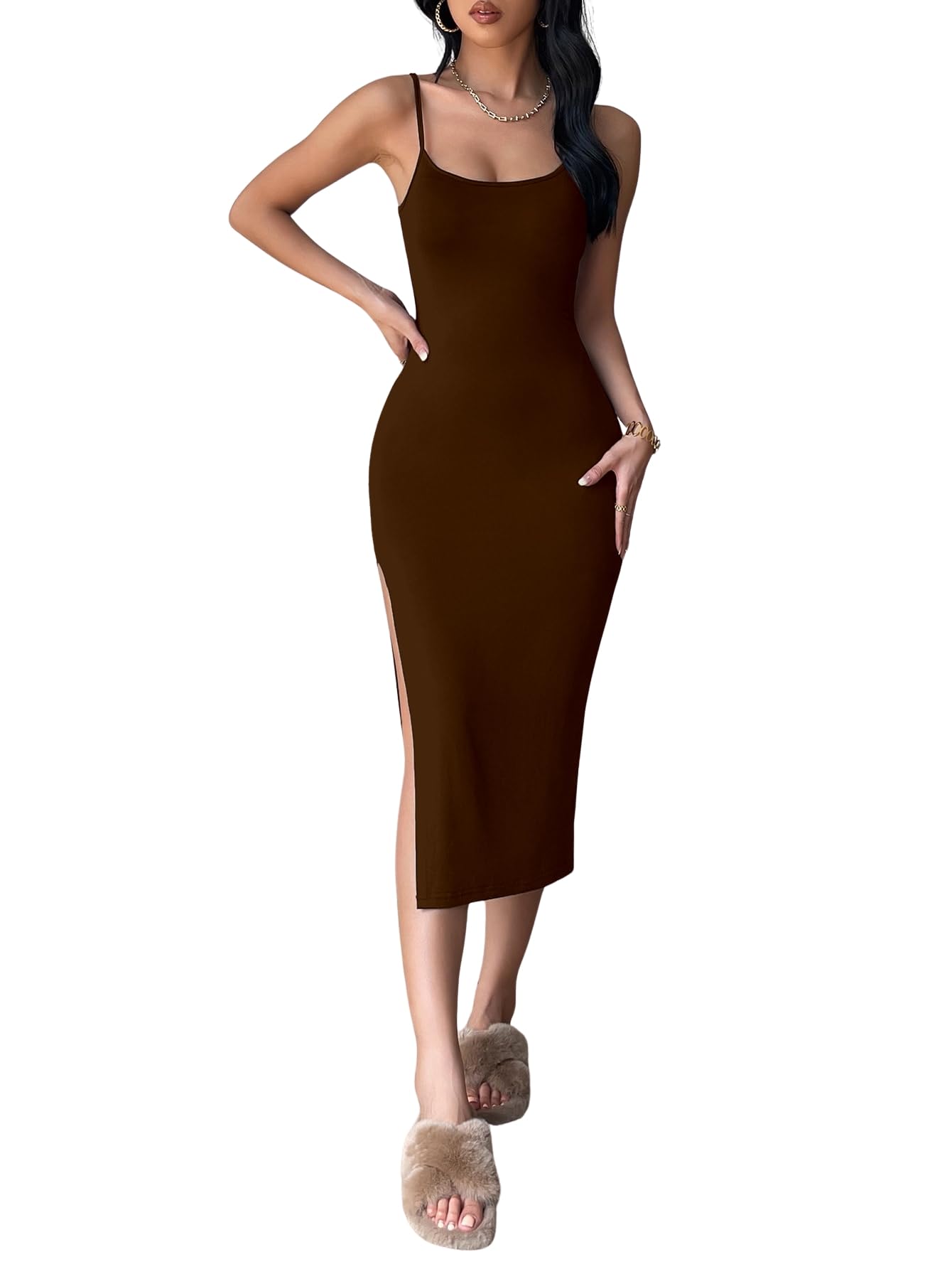 aahwan Solid Bodycon Midi Side Split Thigh Dress for Women's & Girl's-picture-29
