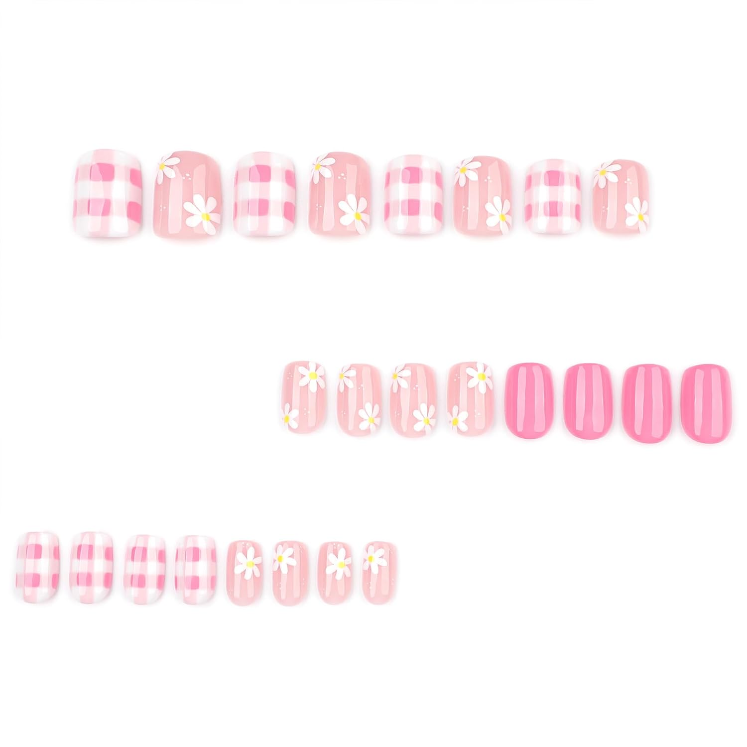 Square Press on Nails Short Fake Nails with Checkered Floral Design Pink False Nails Press ons Spring Summer Flower Artificial Nails Glossy Full Cover Glue on Nails for Women Girls Manicure 24Pcs