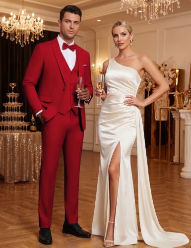 Image of WULFUL Men's Slim Fit Suit One Button 3-Piece Blazer Dress Business Wedding Party Jacket Vest & Pant