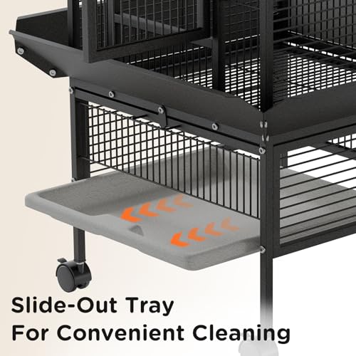 60 Inch Wrought Iron Large Bird Cage with Rolling Stand, Metal Parrot Cage with Play Top & 4 Stainless Steel Bowls for African Grey Cockatiel Sun Parakeet Green Cheek Conure Lovebird Budgie, Black