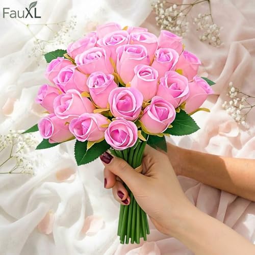 Image of Set of 24 Pcs Artificial Rose Flowers Bunches for Vase - Home Decoration Gift Items for Living Room Corner Table Top Bedroom Wedding (Pot Not Included) - 24 CM (Pink-Purple)