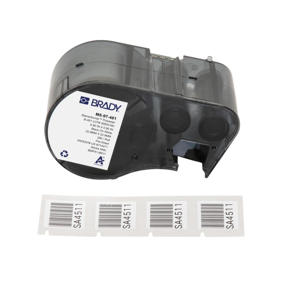 Brady StainerBondz™ Polyester Pre-Sized Labels for Label Printer BMP51/BMP53/M511-280 Self Adhesive Printer Labels - Black on White (22,86 mm (W) x 22,86 mm (H)) - M5-97-481