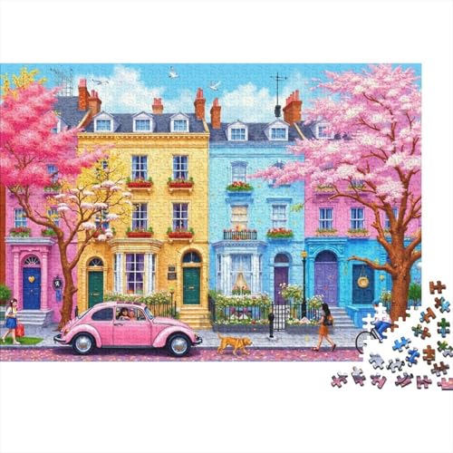 Calle Colorida Puzzle de 1000 Piezas Papel para Adultos Cerezos en Flor de Primavera Juego de Puzzle 1000 Piezas Familia Decoración Relajante 38x26cm/1000pcs