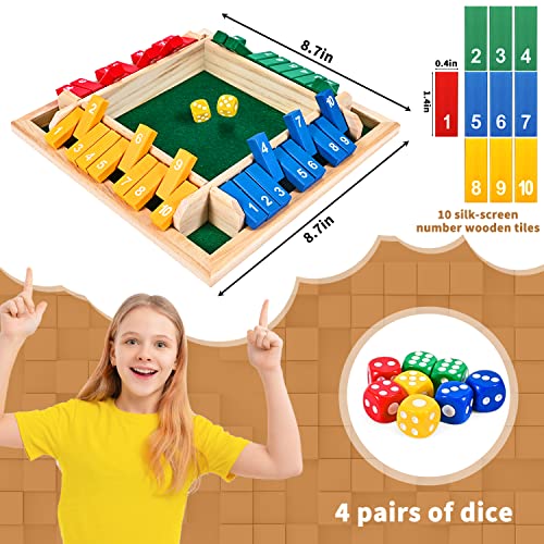 Image of 1-4 Players Shut The Box Dice Game, 10 Numbers Traditional Wooden Pub Bar Board Family Table Mat Game Dice for Kids and Adults