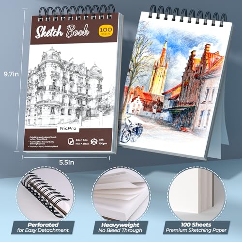 Image of Nicpro 58 Piece Drawing Set in Leather Case, MP1000 Mechanical Pencil Set Black Metal with Drawing Pencil 0.5, 0.7, 0.9 and 2 mm, 12 Micron Pen, Sketchbook, 30 Leads for Sketching