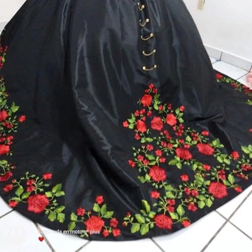 Pearls Black and Red Floral Applique Pleated Quinceanera Dresses Charro Ball Gowns Masquerade 20254