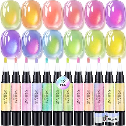 Image of SAVILAND One Step Gel Nail Polish Pens, 12 Colors 3-in-1 Jelly Cat Eye | 3-in-1 base, color & top gel with precision twist dispensing, jelly cat-eye finish & beginner-friendly use
