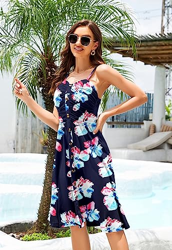 Image of Women's Summer Casual Dress Florals Buttons Down Ruched Sweetheart Neck Sleeveless Midi Sundress