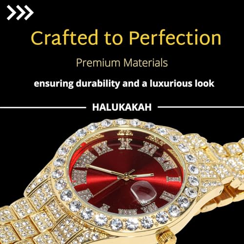Image of Halukakah Diamonds Gold Watch Iced Out for Boy Teens Kids - 18K Real Gold /Platinum Plated,42mm Blue /Green /Red Dial,Japanese Quartz - 8 inch Length - Optional with Cuban Link Chain,with Watch Adjuster Tool