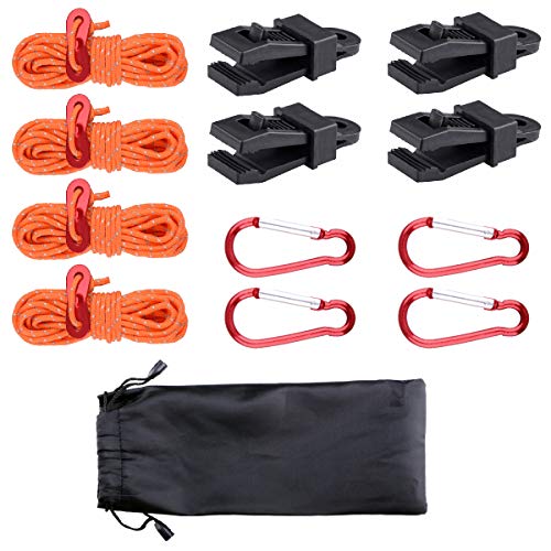 Azarxis Reflective Guy Lines Ropes with Aluminum Cord Adjuster Tensioner D Carabiner Tarp Clips for Camping Tent Tarp, Canopy Shelter, Hiking, Backpacking (4 Clips & 4 Cords - ?3mm & 4 Carabiners)