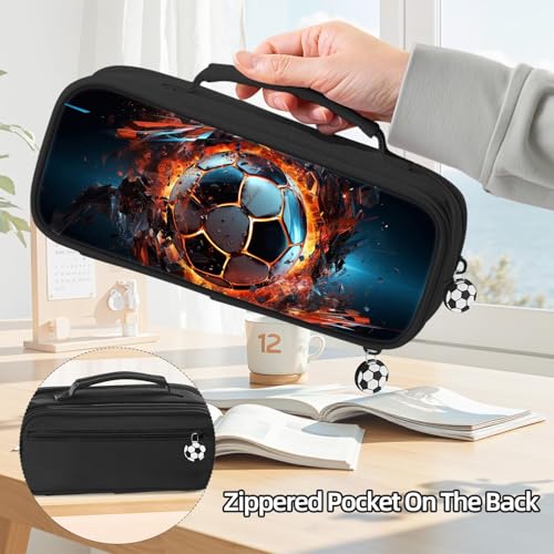 Image of Soccer Pencil Case for Boys - Large Pencil Pouch for Boys with Zipper Compartments & Handle - Big Capacity Pen Organizer Box Bag for Kids Teens School Supplies