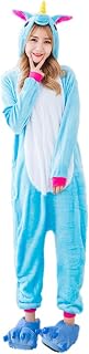 Fantasia Macacão de Unicórnio Kigurumi Adulto Branco e Azul Com Gorro P 38-40