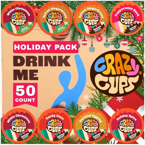 Crazy Cups Christmas Coffee Variety Pack, Holiday Sampler of Single Serve Flavored Coffee Pods For Keurig K Cup Machines, 50 Count - Great Holiday Gift