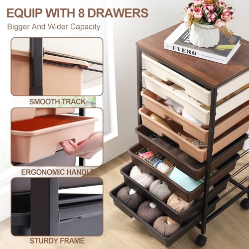 Image of SYKIARIOL Rolling Utility Storage Cart with 8 Drawers and Wooden Tabletop,Dark Brown