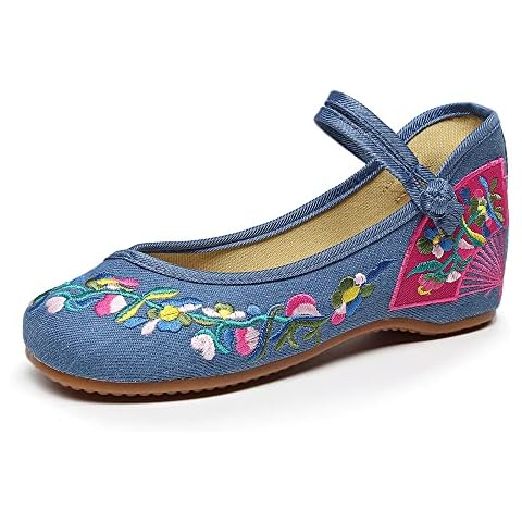 BININBOX Floral Handmade Embroidered Shoes for Women Chinese Style Comfortable Loafers Shoes Casual Round Toe Walking Mary Jane Ballet Flats Shoes(7 B(M) US,Blue) Cover