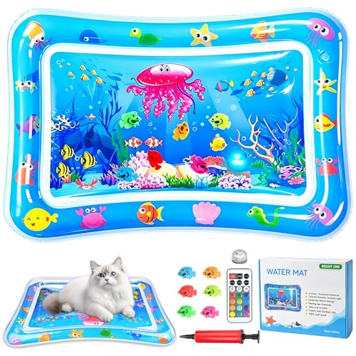 Wassermatte Katze Wasserspielmatte Katze Hund Verdickte PVC Katzen Kühlmatte mit Fischen & LED-Licht Interaktives Katzenspielzeug Selbstbeschäftigung für Langeweile 60x40CM