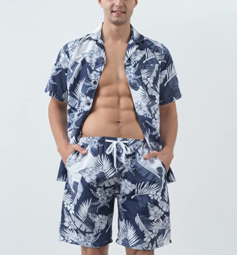 Year In Year Out Hawaiian Shirts And Shorts Sets For Men Regular Fit Casual Hawaiian Shirts Sets With Quick To Dry Effect(Navy White Hibiscus,T14-L) #TOP1