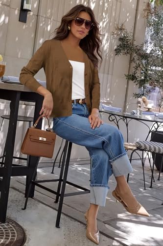 Image of Arach&Cloz Women's Soft Cropped Cardigan Casual Lightweight Shrug Sweater Tops