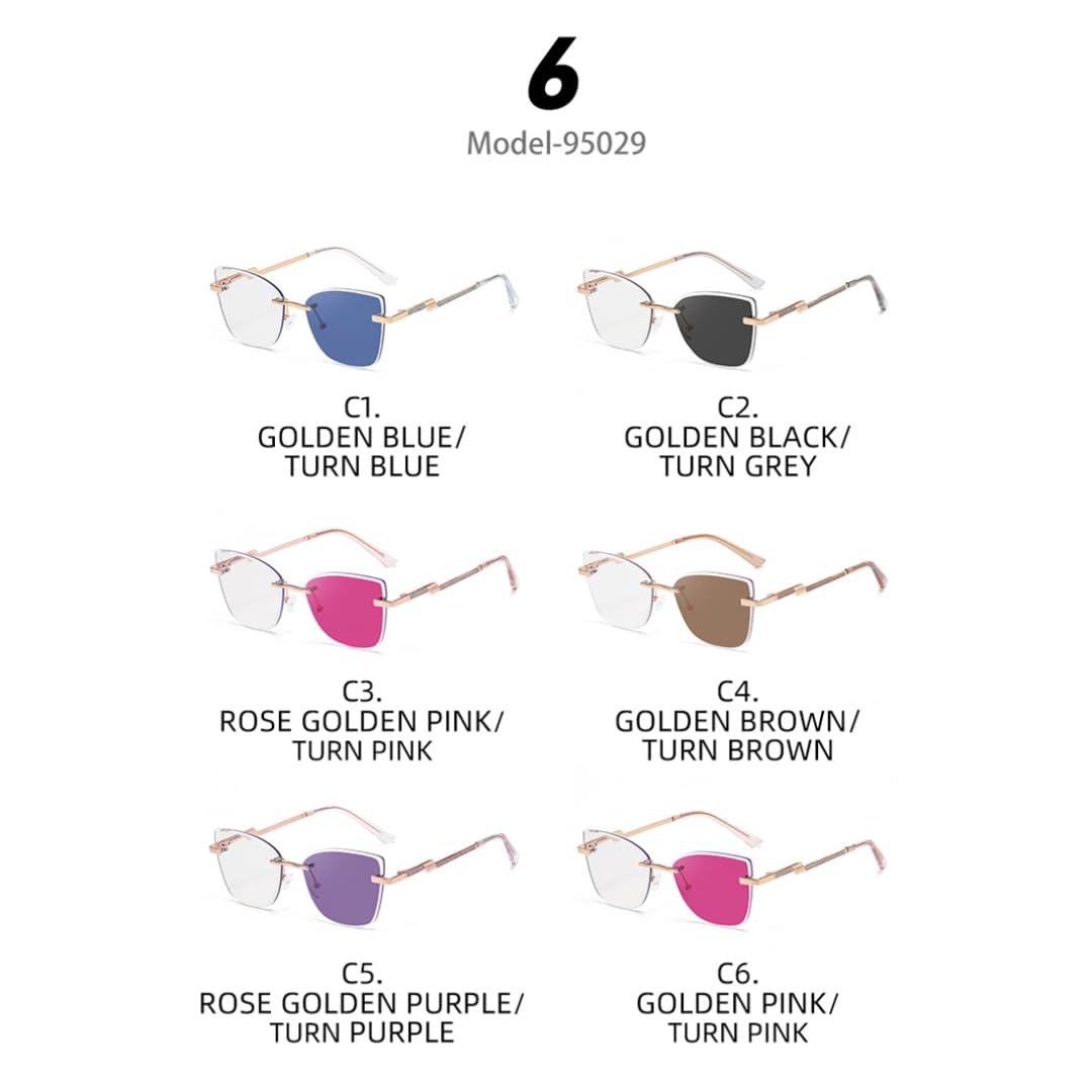 Gafas de sol de lujo sin montura con filtro de luz azul y efecto ojo de gato para mujer.
