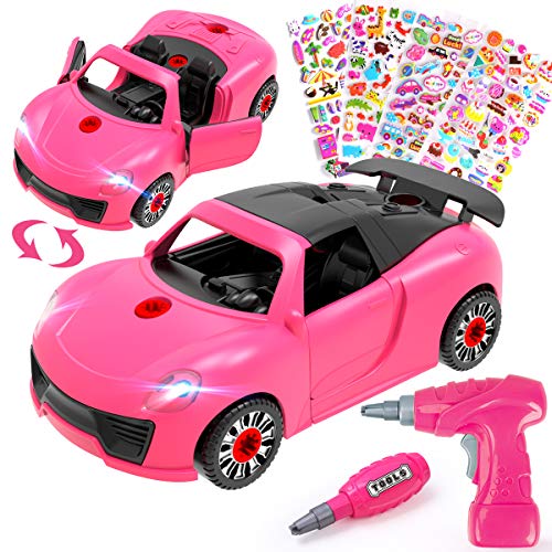 REMOKING Decorate Your Own Car Toy with 3D stickers,2 IN 1 Take Apart Racing Car with Drill Tool,Construction Toys with Sound Light,STEM Educational Vehicle Gift for Girls Aged 3+,Fun Art & Craft Set