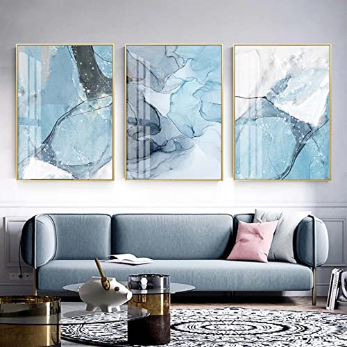 Peintures marbre bleu abstrait triptyque de luxe pour salon chic