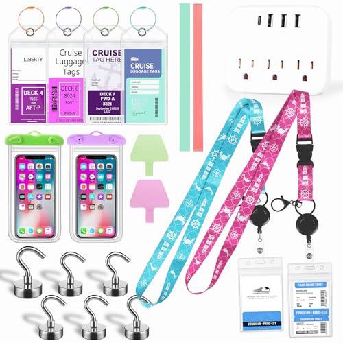 Cruise Ship Essentials Kit 2026, Cruise and Vacation Essentials Including Cruise Lanyard, Power Strip, Magnetic Hooks, Luggage Tag Holder, Towel Bnad, Phone Pounch, Phone Patches for All Cruise Lines