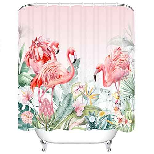 Cyrekud 72" X 72" Summer Flamingo Shower Curtain Tropical Watercolor Floral Leaves Bathroom Set Pink Flamingo Home Bath Bathtub Decor Durable Fabric Machine Washable With 12 Hooks #TOP20