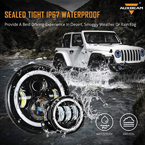 Auxbeam Rgb 7" Headlight + 4" Fog Light Combo Compatible With Jeep Wrangler Jk Tj Lj Cj 1997-2018, Bluetooth Multi-Color 7 In Led Headlamps & 4 In Fog Lamps W/ Amber Turn Signal & Drl #TOP4