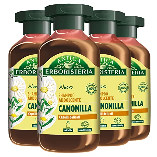 Antica Erboristeria Laboratorio Natura 4 champús antiguos de hierbas medicinales con manzanilla para cabello suave, fórmula vegana sin siliconas ni colorantes, 4 botellas de 250 ml