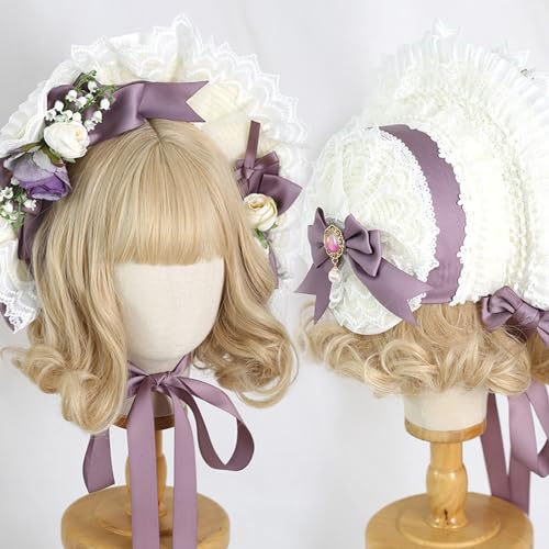 Women Girls Tea Party Hat Victorian Bonnet Hat Vintage Lace Flowers Flat Cap Lolita Hat for Prom2