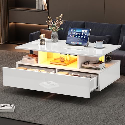 BTM Table Basse Blanche Brillante avec Éclairage LED Réglable, Table Basse Moderne avec 2 Tiroirs et Rangements Ouverts, Table d'appoint pour Salon et Chambre, Charge...