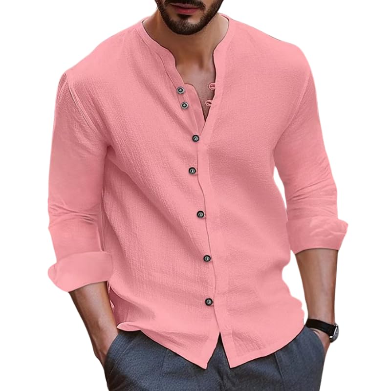 HOTYD Men's Cotton Linen Long Sleeve Shirts Casual Button Down Shirts for Men Lightweight Breathable Summer Beach Tops Pink