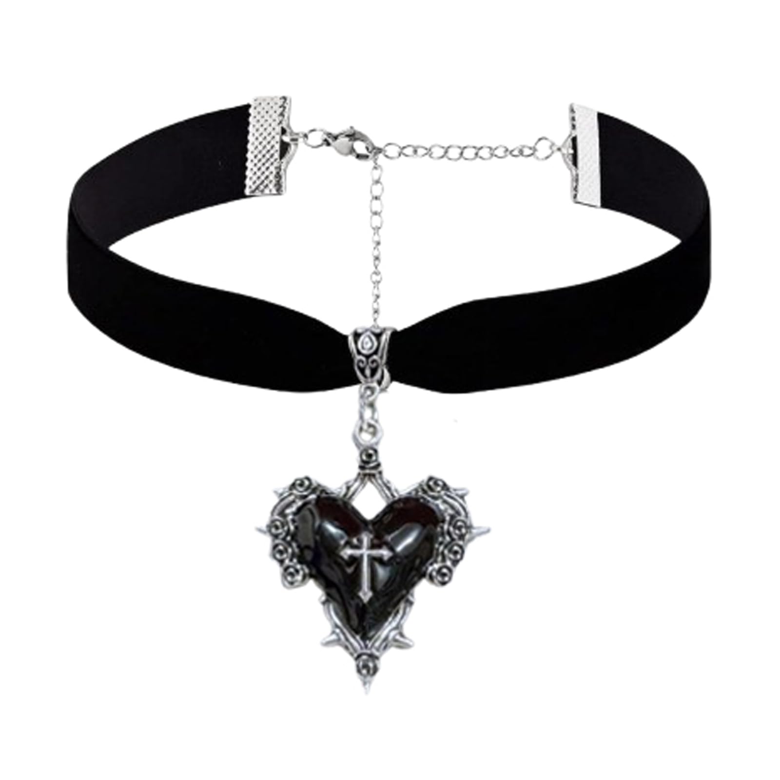 GYRMMUE Vintage Velvet Choker,Punk Style Thorn Heart Cross Pendant Gothic Crystal Cameo Heart Necklaces Goth Thorn Rose Necklace Mystery Halloween