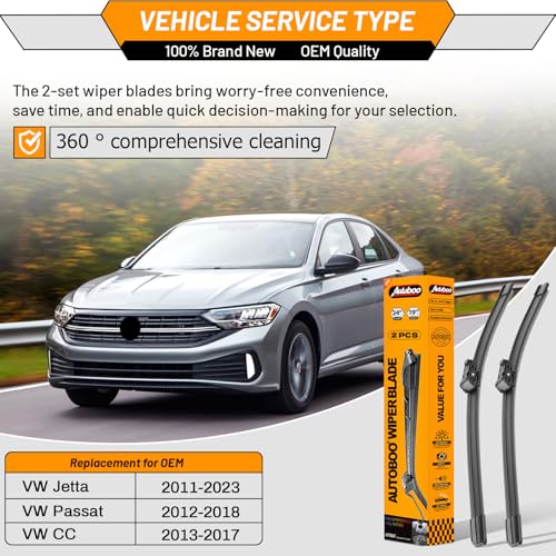 Image of OEM Windshield Wiper Blades Replacement for VW Jetta Passat CC 2011-2023 | Fits Jetta 2011-2023,Volkswagen Passat 2012-2018, CC 2013-2017 ; 24 inch+19 inch, Top Lock 16mm, OE fit, All-Season, Quiet