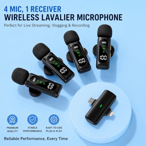 Image of T90 Wireless Lavalier Microphone 1-to-4 (4 Mic) 2.4G Compatible with iPhone Android Type-C | Noise Cancelling | Reverb Sound | Long Battery | Vlog Interview Live Stream Recording