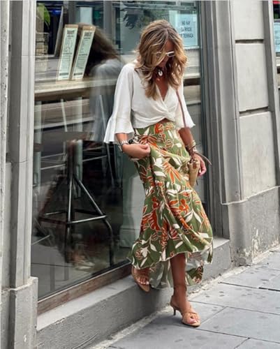 THLAI Womens Maxi Floral Pleated Elegent Skirt Tiered Summer Daily Skirt2