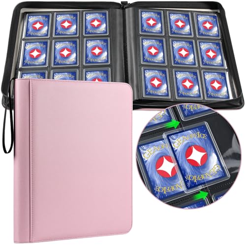 GEAoffice 9 Pockets Top Loader Binder Holds 324 Cards Premium PU Leather Trading Card Binder for Toploader Side Loading Zipper Card Binder Top Loader for 34 Rigid MTG TCG Waterproof Pink