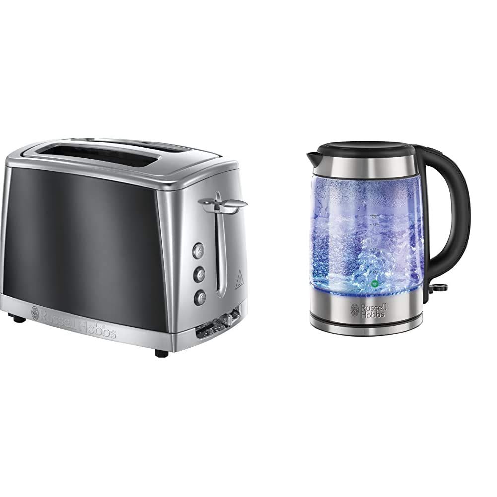 Russell Hobbs 23221 Luna Two Slice Toaster, 1500 W, Grey & Hobbs 21600-10 Illuminating Glass Kettle, Black, 1.7 Litre, 3000 Watt