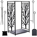 WILLOW WEAVE Firewood Rack Fire Log Holder Storage Set with 4 Tools Brush, Shovel, Poker, and Tongs, Easy to Use and Clean, Decorative Fireplace Wood Rack, Great Space Saver for Indoor/Outdoor