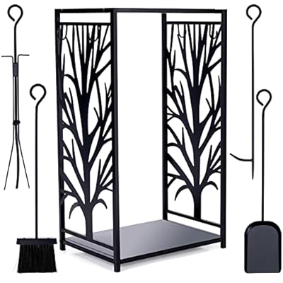 WILLOW WEAVE Firewood Rack Fire Log Holder Storage Set with 4 Tools Brush, Shovel, Poker, and Tongs, Easy to Use and Clean, Decorative Fireplace Wood Rack, Great Space Saver for Indoor/Outdoor