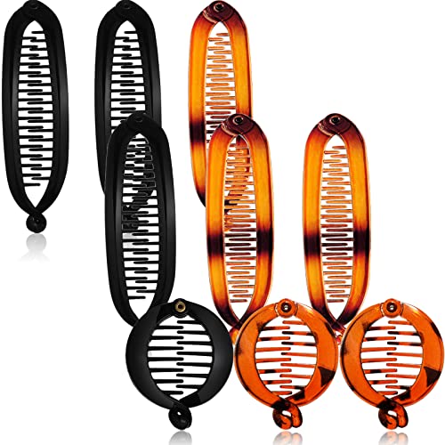 9 Pieces French Banana Clip Hair Comb Fishtail Hair Clip Comb and Round Banana Clip Flexible Ponytail Holder Interlocking Hair Styling Accessories for Women (Black, Tortoise)