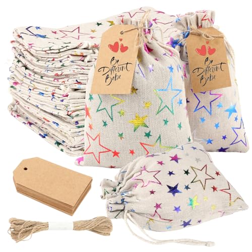 24 Stück Baumwollbeutel mit Kordelzug 13x18CM Baumwollsäckchen Klein Stoffsäckchen mit Geschenkanhänger Leinensäckchen zum Befüllen für DIY Adventskalender Basteln Hochzeit Weihnachten