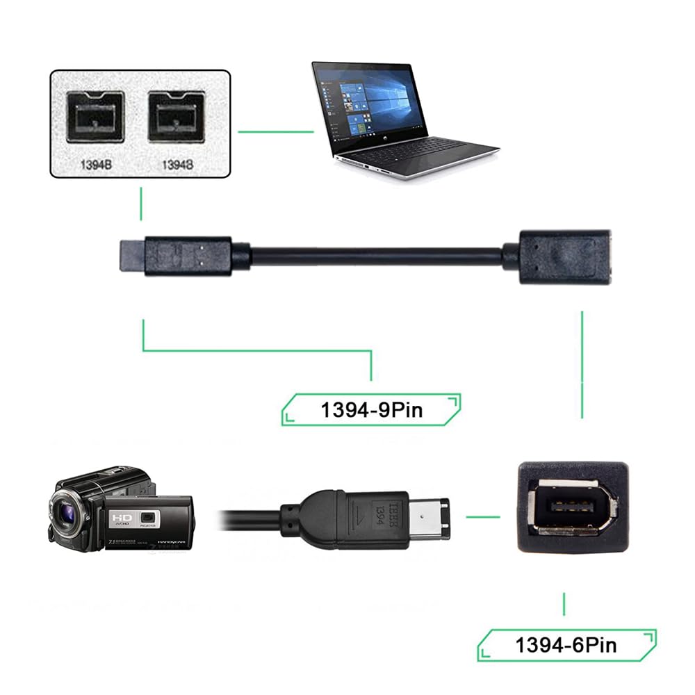 IEEE 1394 6Pin Femmina a 1394b 9Pin Maschio Firewire 400 a 800 Cavo 20cm