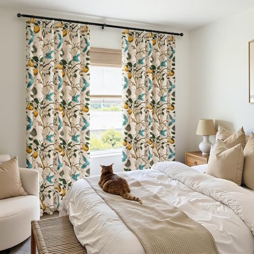 Image of Beige Botanical Print Pinch Pleat Curtains 90 Inches Long,Floral Hummingbird Patterned Drapes for Living Room Bedroom Office Classroom Farmhouse Neutral Home Decor, 2 Panels (40 x 90)