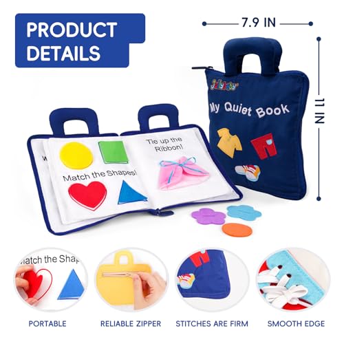Image of Jollybaby 10 Page Baby Soft Busy Books -My Quiet Book, Travel Toy & Montessori Sensory Educational, Preschool Learning Activities Toy for 1 2 3 Year Old Toddlers Boy Girl(Blue)