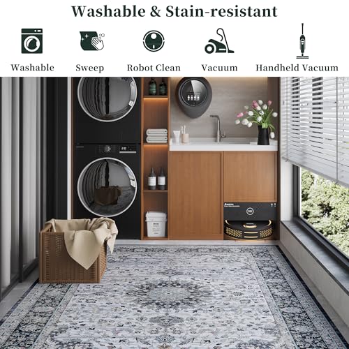Vintage 8x10 Washable Area Rug, Low-Profile Large Area Rug with Non-Slip Backing & Durable Edge Binding, Pet-Friendly Carpet, Large Rug for Living Room, Bedroom, Dinning Room
